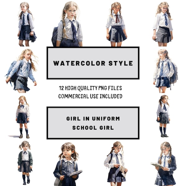 Watercolor Little Girl Clipart, Little Girl In School Uniform, Uniform School Girl Watercolor Clipart Bundle,Student Sublimation,Paper craft
