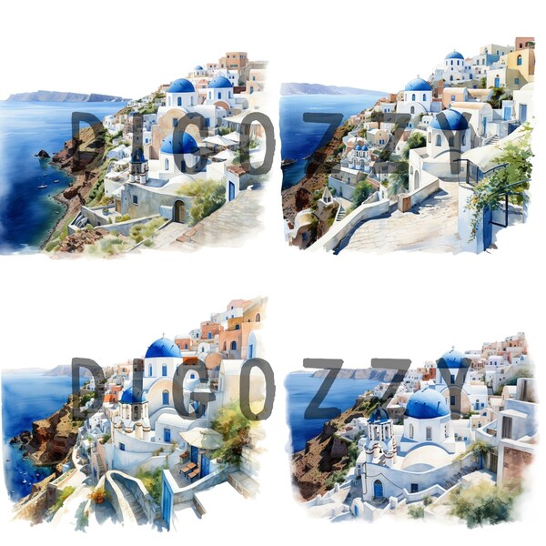 Watercolor Santorini Clipart, travel clipart, watercolor clipart, greece clipart, vacation clipart, summer clipart, Greece watercolor