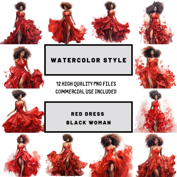 Watercolor Black Woman Clipart, Red Dress Clipart, black girl clipart, fashion clipart, fashion girl clipart, black woman clipart