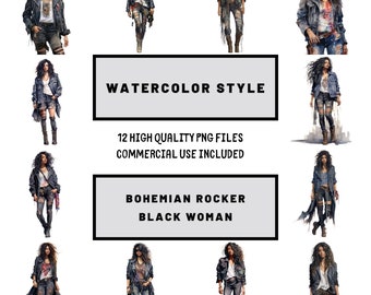 Black girl Bohemian Rocker fashion clipart, black girl clipart, black girl png, black woman fashion png, black people png, Watercolor