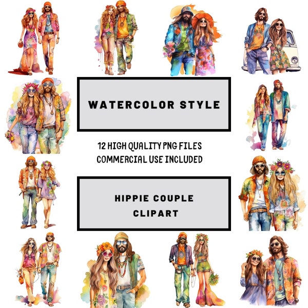 Aquarell Hippie Paar Clipart, Clipart Bundle, Paar Clipart, Aquarell Menschen, Png-Dateien, Liebe Clipart, druckbare Kunst, Paare Clipart