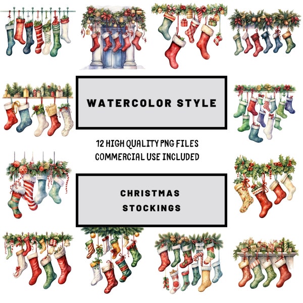 Watercolor Christmas Stocking Clipart, christmas clipart, christmas stocking, stocking clipart, digital download, watercolor christmas