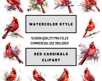 Watercolor Red Cardinals Clipart, digital download, watercolor clipart, red cardinal clipart, digital clipart, digital crafting