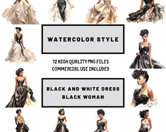 Black girl black and white fashion clipart, black girl clipart, black girl png, black woman fashion png, black people png, Watercolor