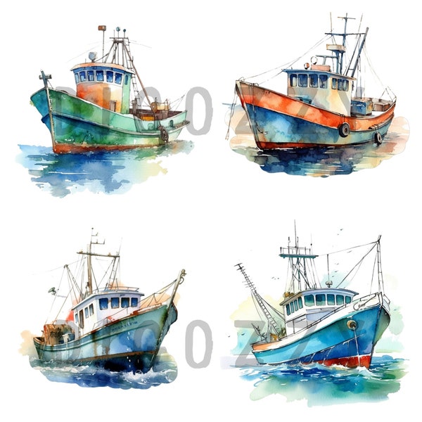 Watercolor fishing boat, commercial use, fishing png, fishing boat clipart, fishing boat png, sublimation designs, Digital Download