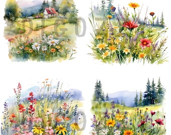 Watercolor wildflower meadow clipart, wildflower clipart, floral clipart, watercolor clipart, watercolor flowers, watercolor floral
