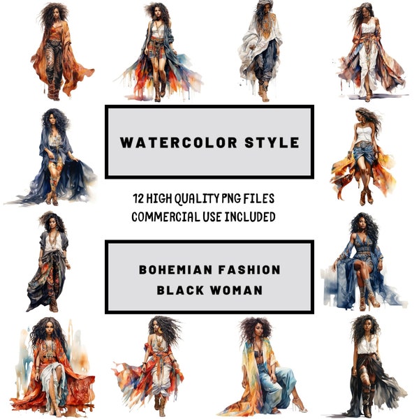 Black Woman Fashion Clipart, Bohemian Fashion, Afro Girl Clipart, Fashion girl clipart, fashion illustration, fashion clipart, Watercolor