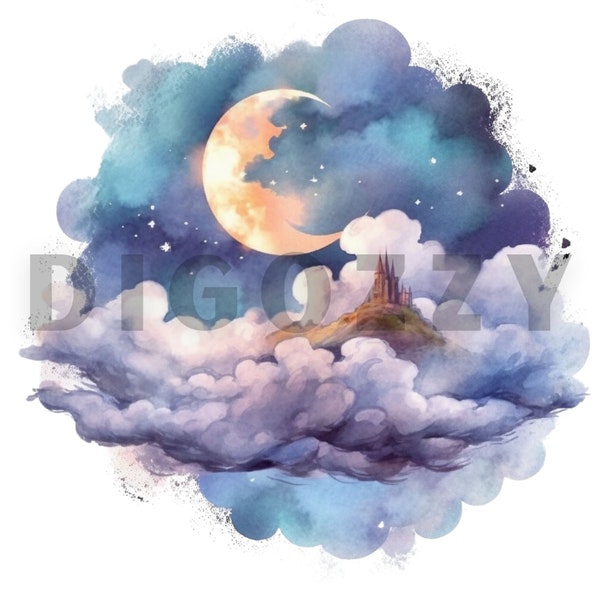 Heavenly Moon Clipart | Scrapbook, Wall Art, Paper Craft, Junk Journals, Digital Prints, Commercial Use, watercolor, Sublimation, Fantasy