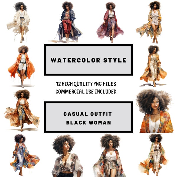 Black Woman Fashion Clipart, Casual Clothes, Afro Girl Clipart, Fashion girl clipart, black girl clipart, fashion clipart, Watercolor