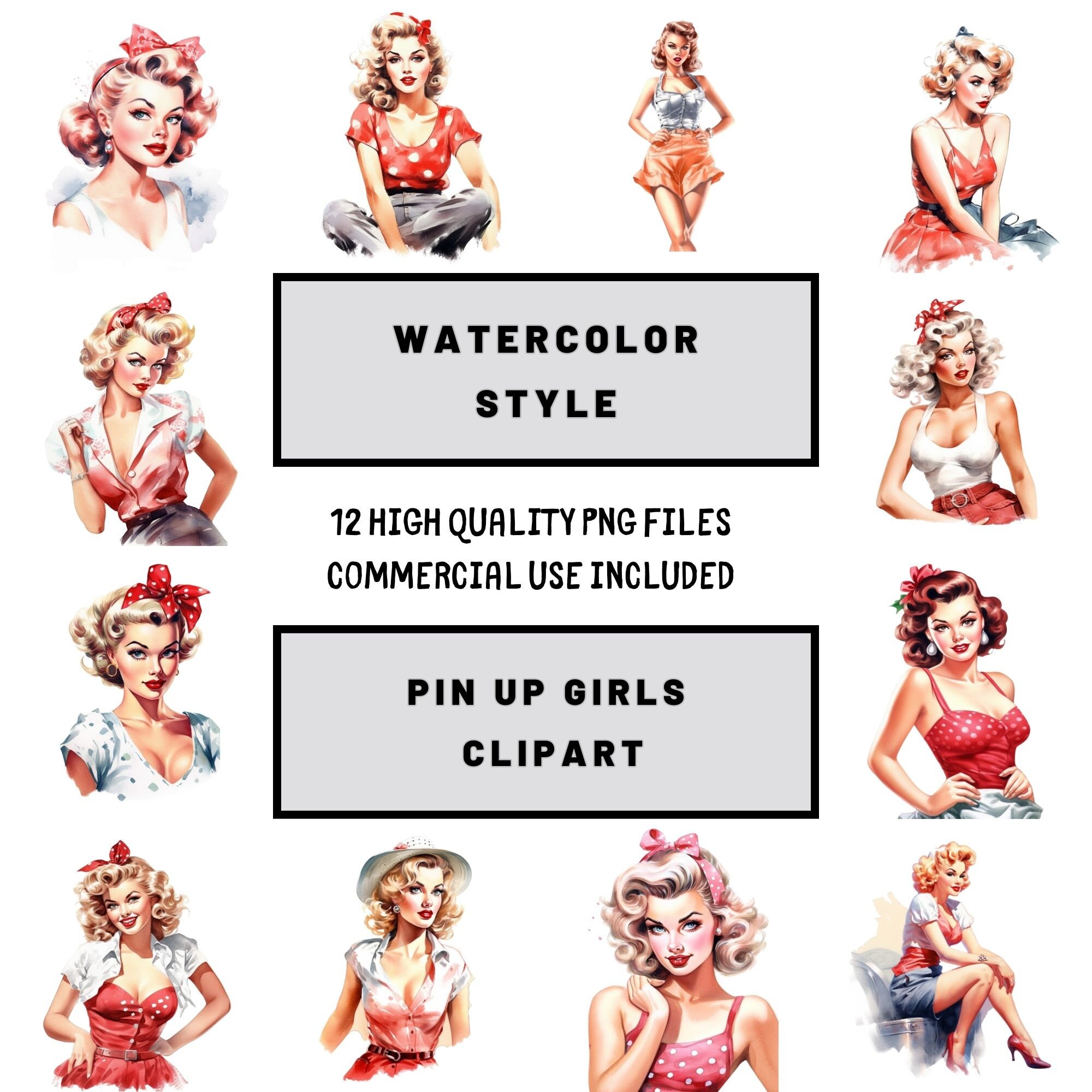 Watercolor Pin up Girls Clipart Rockabilly Clipart Pin up - Etsy