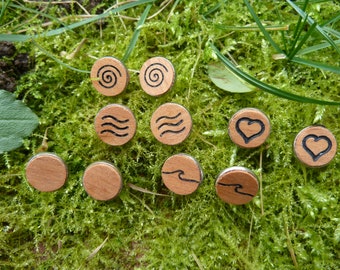 Genuine Wood earrings different engravings, real wood cabochons, silver stainless steel studs