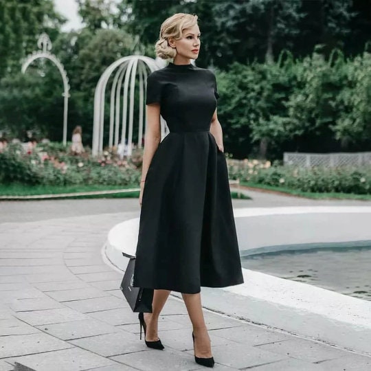 Classy Black Dress Vintage Swing Dress Fit Flare Business Dress Midi ...