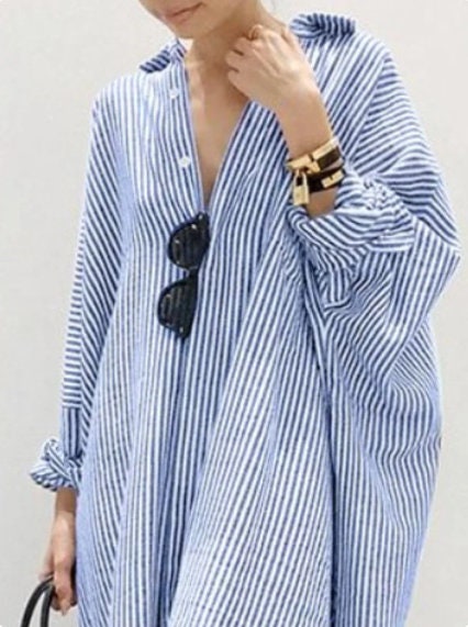 Women Oversize Long Sleeve Striped Linen/cotton Shirtdress maxi Long ...