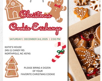 Puede incluir: Invitación a un intercambio de galletas navideñas el 3 de diciembre de 2025 a las 2:00 PM. La invitación presenta una casa de jengibre, un hombre de jengibre, un bastón de caramelo y un árbol de Navidad. El evento es organizado por Katie en 245-11 Candy Rd., Northpole, NC 45745. Se pide a los invitados que traigan 4 docenas de sus galletas navideñas favoritas. RSVP antes del 25 de noviembre de 2025 al 567-459-1112.