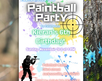 May include: A colorful invitation to a paintball party celebrating Kieran's 6th birthday. The invitation features a target, paint splatters, and a silhouette of a person holding a paintball gun. The event is scheduled for Sunday, November 3rd at 1 PM at Paintball Mania, 34rd street, Jacksonville, MA 55654. RSVP by 3/4 at 915-753-2323.