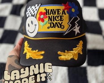 Trucker Hat with Patches, Retro Trucker Hat, Racing Trucker Hat, Trendy Trucker Hat, Hat Patches, Custom Trucker Hat, Checker Trucker Hat