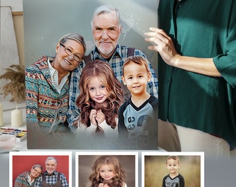 Memorial Portrait: Add Loved One, Personalized Watercolor Day of Painting with Parents, Combine Photos of Grandparents and Grandchildren