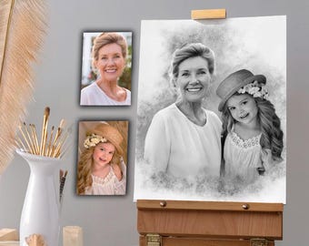 Personalized Family Portrait From Photos: Black & White Photo Painting Style, Combine Photos of Grandparents,  Photo Paiting With Loved One
