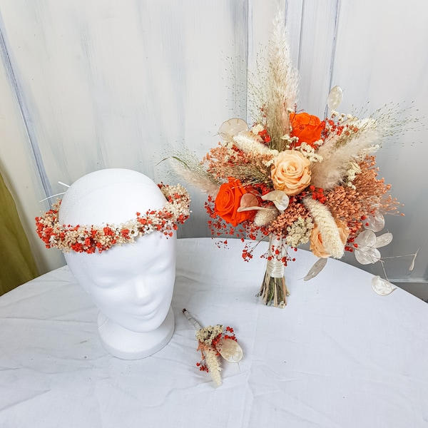 orange dried flower bridal bouquet hair comb pin bridal jewelry wedding bracelet head wreath