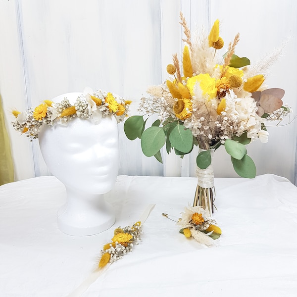 gelber Trockenblumenbrautstrauß Brautstrauß aus Trockenblumen Strauß Anstecknadel Kopfkranz Armband Brautschmuck Hochzeitsblumen