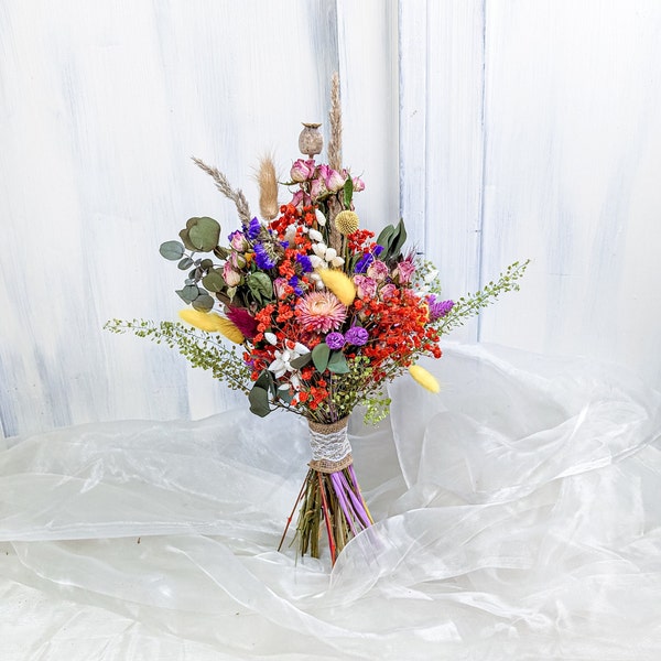 Bunter Blumenstrauß aus Trockenblumen Geschenkidee Vasendekoration Liegestrauß mit getrockneten Rosen Geburtstag