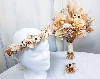 apricot Trockenblumenbrautstrauß Brautstrauß aus Trockenblumen Anstecknadel Brautschmuck Hochzeit Hochzeitsblumen Rustikaler Brautstrauß