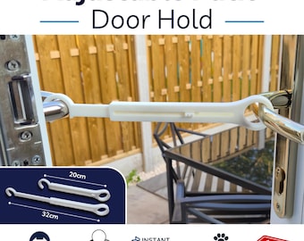 May include: An adjustable white patio door hold device with a hook on each end, shown attached to door handles. The product features a sliding mechanism for length adjustment between 20cm and 32cm, with text labels including Adjustable Patio Door Hold.