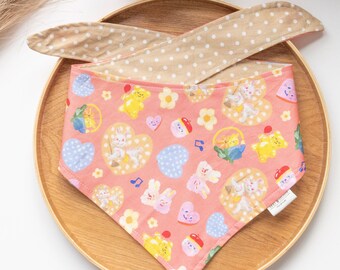 Bunny and bear cartoon Pet Bandana. Personalized bandana. Polka dot Reversible bandana. Matching scrunchie. Bandana for girl. Pink bandana