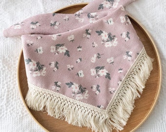 Blooming Blush Corduroy Bandana with Tassel. Pink Floral Tassel Bandana.  Purple Floral, Tie-on Bandana.  Dog Mom. Spring Summer