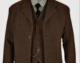 Vintage Brown Wool Sack Coat & 3-piece Suit Timeless Gentlemen's Attire, Perfect for 1920s  Victorian Styles.