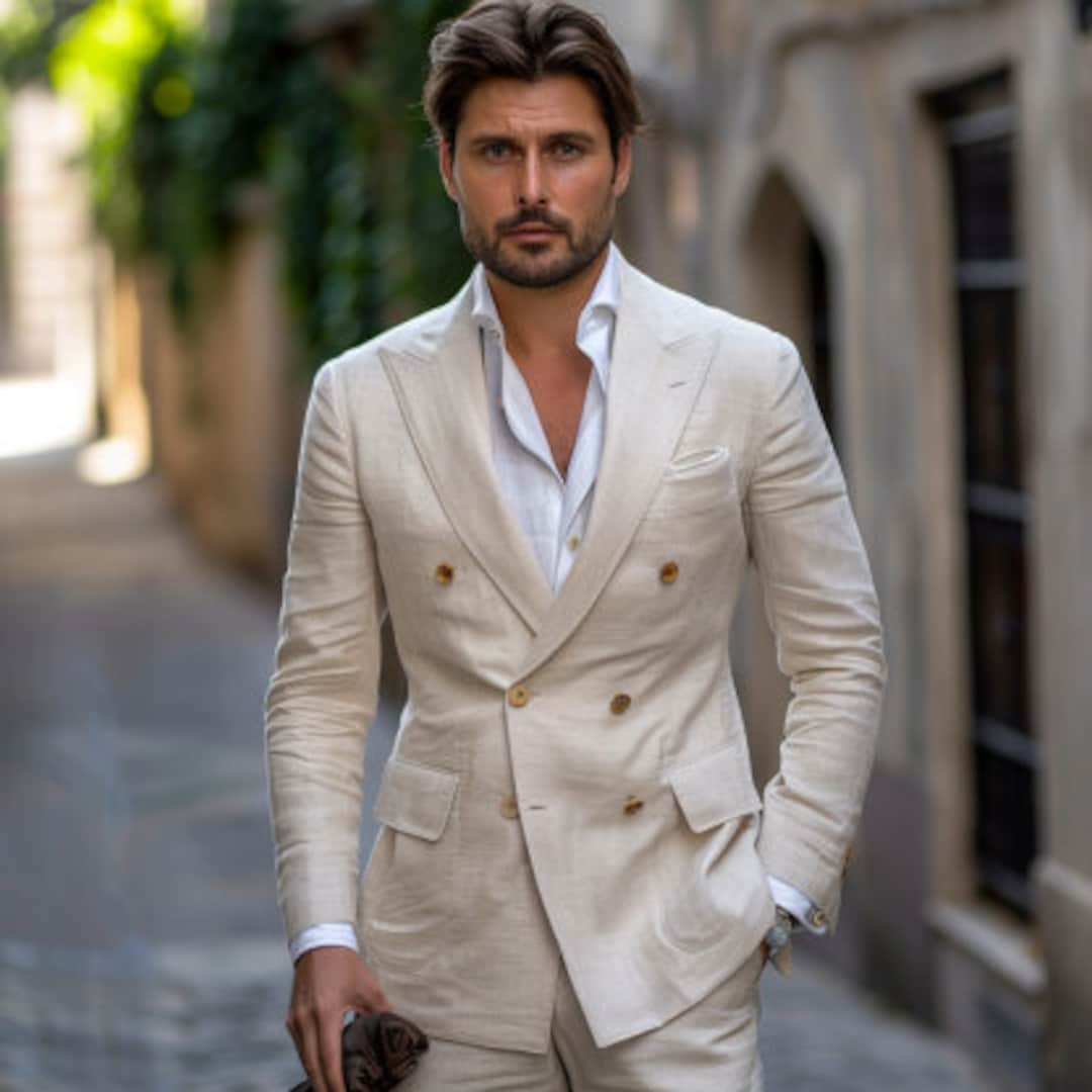 White Linen Suit White Double Breasted Blazer Mens Men's Summer