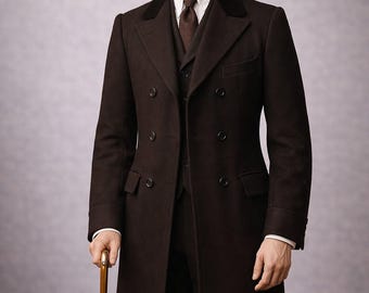 Dark Brown Double Breasted Overcoat | 1940s Belted Long Coat | Vintage Wool  |  Custom Size