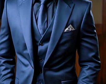 Men's Navy Blue 3 Piece Peak Lapel Suit: Wedding, Prom, Business