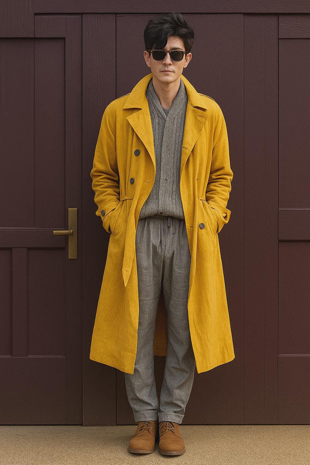 Linen Handmade Mustard Color Knee Length Breasted Overcoat