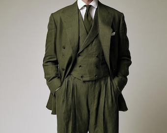 1930s-Inspired Olive Green Linen Three-Piece Suit | Double-Breasted Waistcoat Pleated Trousers