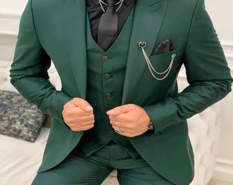 Men’s Green 3 Piece Suit Two Button Wedding Formal Wear Party Dress