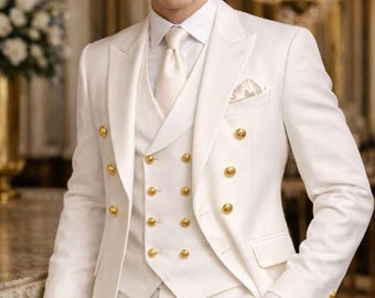 White Double Breasted 3 Piece Groom Suit for Men |  Wedding Tuxedo with Gold Buttons