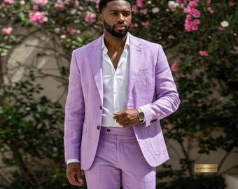 Lavender Linen Suit for Men | 2 Piece Custom Wedding Suit | Slim Fit Groom Outfit