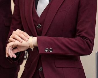 Maroon Women 3 Piece Suit – Burgundy Blazer Vest Trouser Set, Formal Office & Wedding