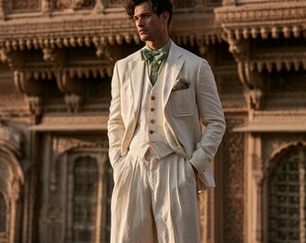 Vintage Ivory Linen Suit Men | 3 Piece Wedding Tuxedo | Groomsmen Formal Wear