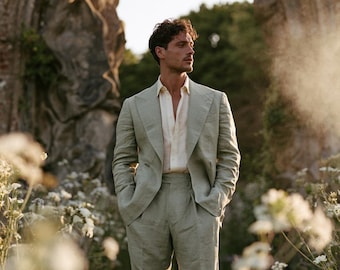 Sage Green Linen Suit for Men | Double Breasted Blazer Pleated Trousers