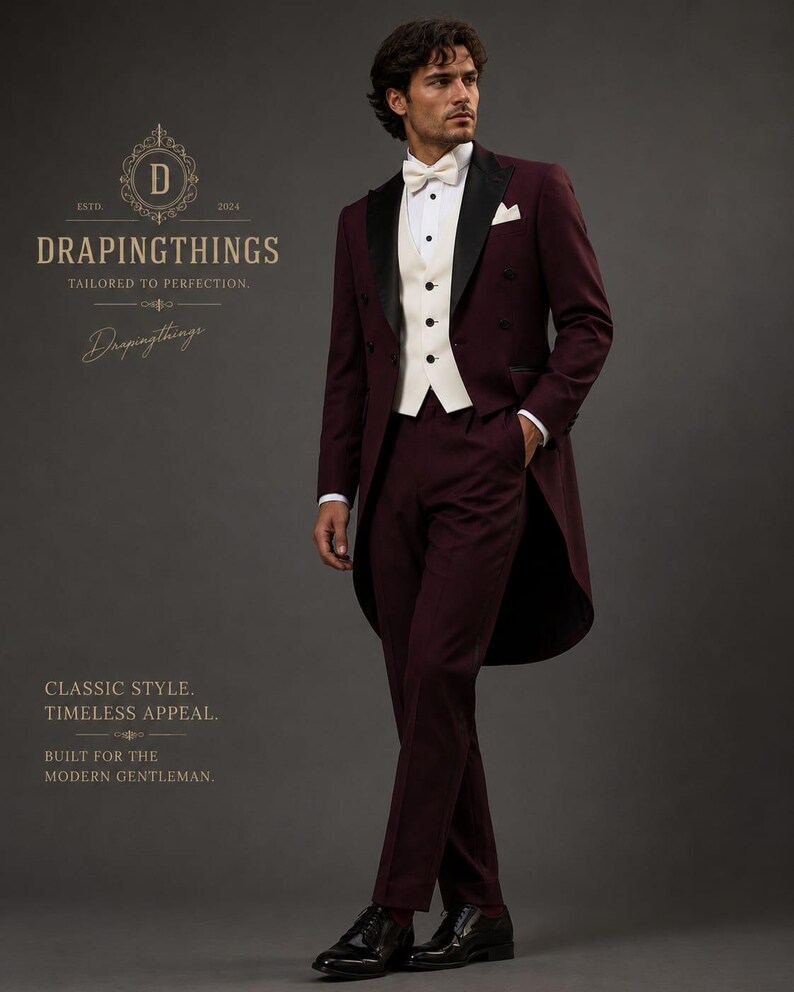 May include: A deep burgundy tailcoat suit featuring a white waistcoat, a white dress shirt, and a white bow tie. The suit includes black lapels and matching burgundy trousers. Text on the image reads: DRAPINGTHINGS, ESTD 2024, TAILORED TO PERFECTION.