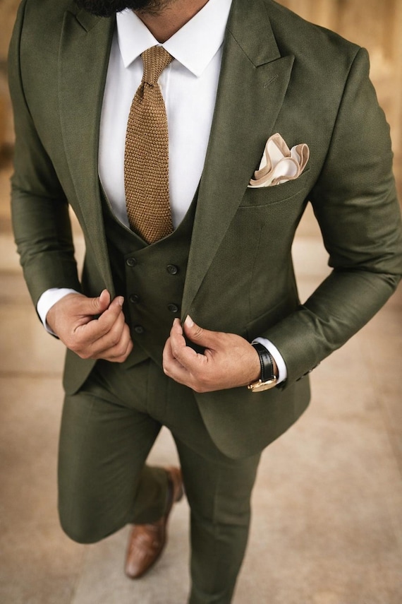 Olive Green 3-Piece Slim Fit Suit - Wedding & Formal Wear with Tailoring