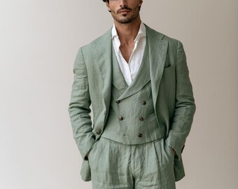 Sage Green Linen Three Piece Suit Men | Double Breasted Waistcoat Relaxed Trousers