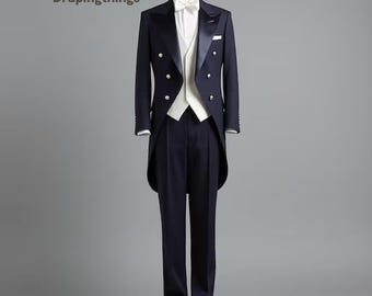 Vintage Victorian Men's Blue Tailcoat Suit: Formal Tuxedo with White Vest