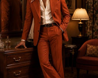 Men’s Rust Brown Vintage 1970s Mod Suit – Retro Wide Lapel Disco Style Wedding Outfit