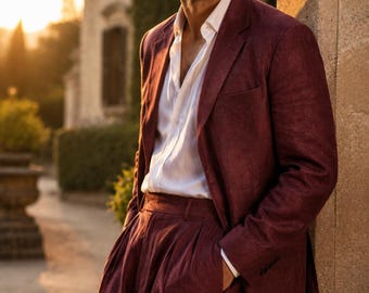 Burgundy Linen 2 Piece Suit for Men – Vintage Pleated Trousers | Old Money Wedding Outfit