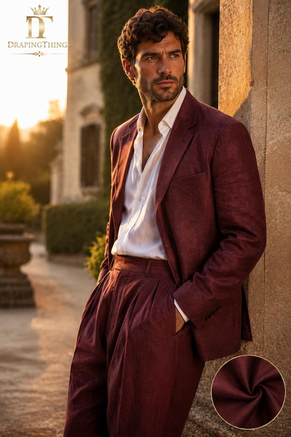 burgundy dress suit men's Linen 2 Piece for Men - Vintage Pleated Trousers 8 ZBB ideas | liverpool Color:LT Blue The Men’s Burgundy Suit