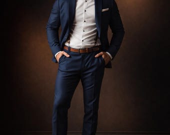 Costume 2 pièces bleu marine en laine mérinos mélangée coupe slim pour homme