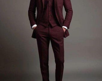 Man Maroon Tweed Suit | 3 Piece Suit For Him | Wedding Suit For Groom |  Groomsman Classic Suit |  Dinner Party Wear Suit | Customize Suit |